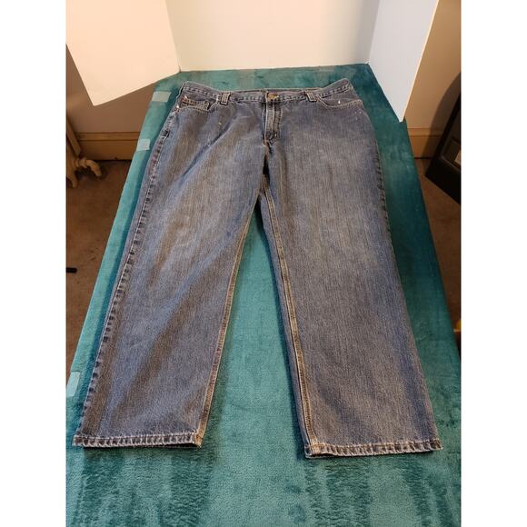 Carhartt Jeans Size 42x30 Mens Blue Stretch Pants Denim Casual Work Straight - Picture 1 of 12